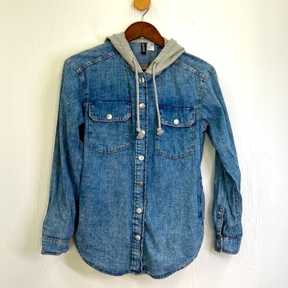 H&M - Stonewash Button Down Grey Hooded With Pockets Long Jean Shirt Size XXS - Picture 8 of 11